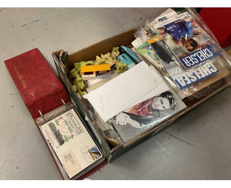 Sundry items, including Hollywood photographs, first day covers, Chelsea football programmes, and a group of Pocket Dragons