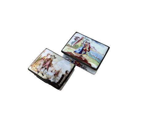 Large South Staffordshire enamel rectangular snuff box, painted with a couple, circa 1760, of cushion form with slightly dome