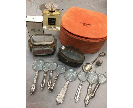 Christian Dior vanity case containing two Chanel perfumes- Coco and No.5, two Victorian glass trinket boxes, collection of sm