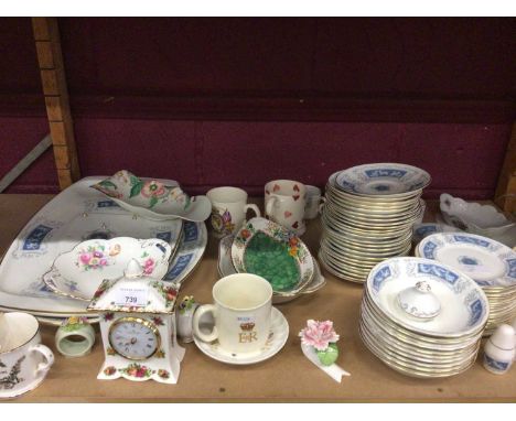 Royal Albert mantle clock, Coalport Revelry dinner and tea ware, other tea ware, cups and saucers, plus Wedgwood farming plat