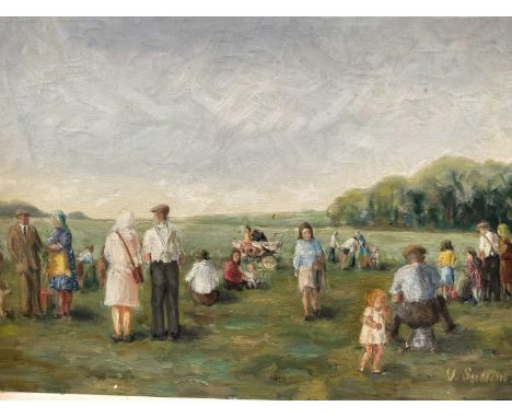 Vera M. Sutton - oil on canvas - rural landscape with figures, titled 'Pea pickers'