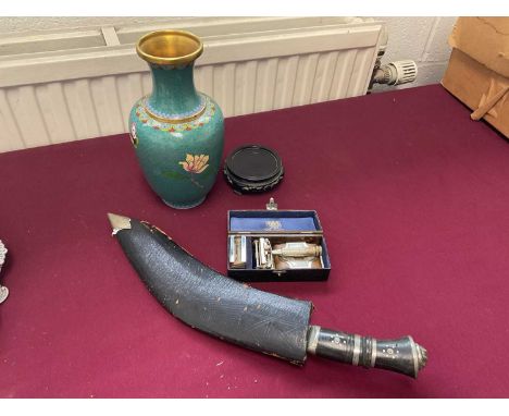 Japanese cloissone vase on hardwood stand, together with an old Gurkha kukri and a Wilkinson razor.