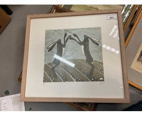 Julie Orpen, contemporary limited edition print of boxing hares39cm x 35.5cm with frame, 36cm x 32.5cm without frame, picture