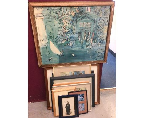 Large Raoul Dufy print, L. M. Owtram watercolour boat on woodland lake, together with other pictures and prints