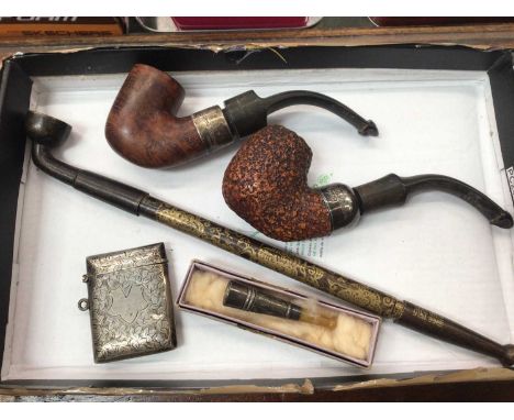 Silver vesta case, silver mount cheroot, two vintage pipes with silver collars and a Chinese opium pipe