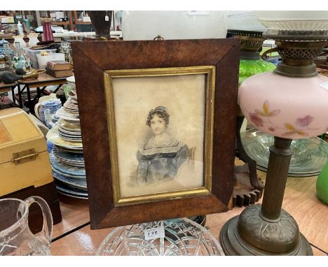 19th century watercolour portrait of an old lady seated, in a burr walnut frame.