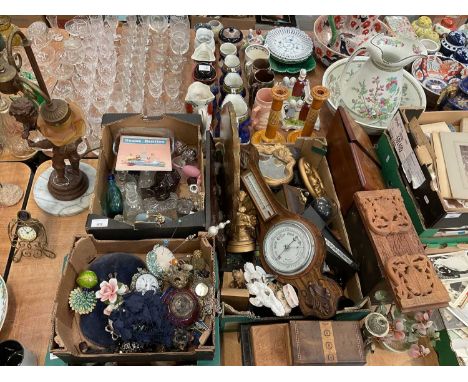 Collection of scent bottles, carved book slide, oak barometer and sundry items.