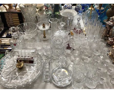 Quantity of glassware including Royal Albert decanter, various vases, tumblers, table lamp etc