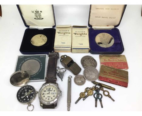 Timex Expedition wristwatch, group of coins, silver plated propelling pencil/Stanhope, pocket compass, watch winding keys, si