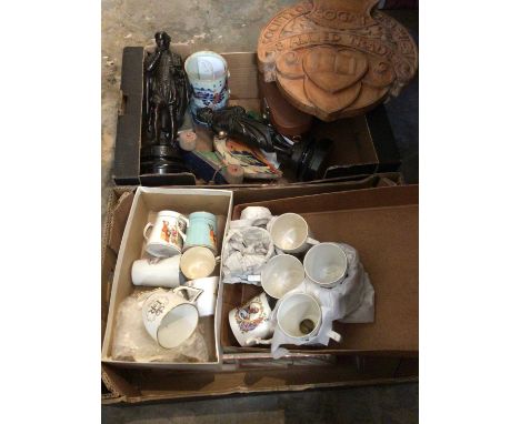 Two boxes of sundry items, including bronzed figures of Shakespeare and Milton, a Chinese Imari tankard (a/f), Royal commemor