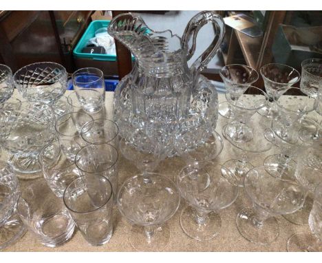 Group of glassware including four Tudor tumblers, set of ten spotty patterned liqueur glasses, cut glass jug and bowl, togeth