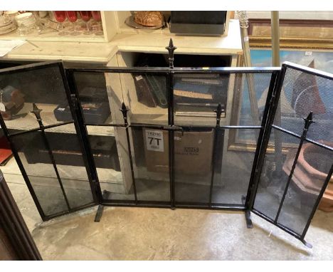 Iron and mesh three fold firescreen together with a smaller ditto and a brass fender (3)