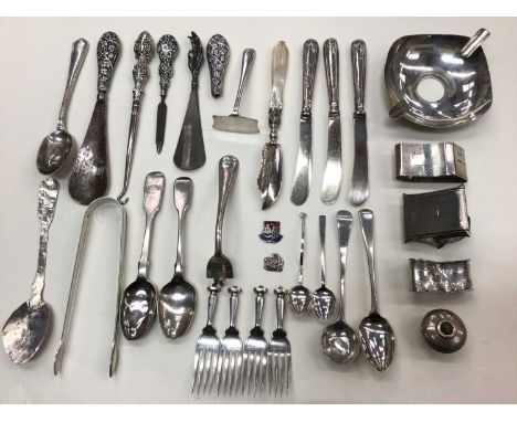 Group of silver including flatware, some with silver handles and various broken partsApproximately 23oz in total.