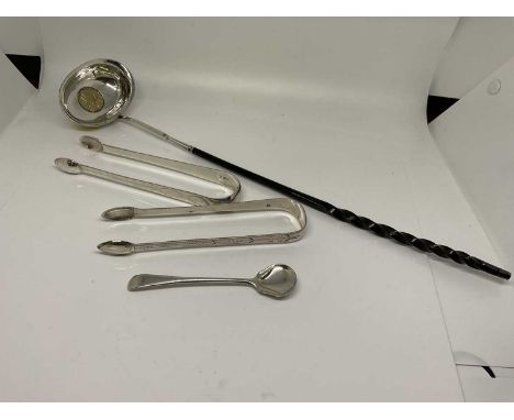 19th century silver toddy ladle, two bright cut Georgian silver sugar nips, salt spoon