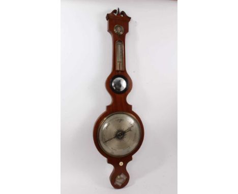19th century banjo-shaped barometer thermometer signed C P Simms, Chipping Norton in mahogany case with swan neck pediment. 1