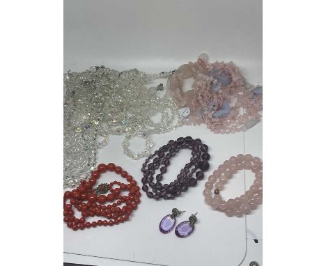 Vintage simulated coral bead necklace, amethyst glass bead necklace and earrings, rose quartz necklace, crystal bead necklace