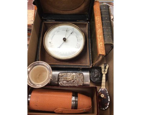Victorian aneroid barometer in circular brass case in original fitted leather box, plated items, tortoise shell and bone inla