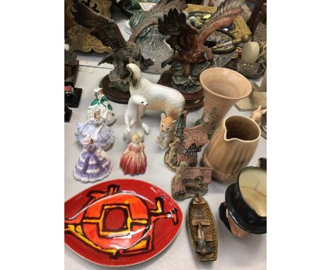 Royal Doulton figure Maple HN1417, three Royal Worcester figures, USSR animal ornaments, Poole Pottery dish, Royal Doulton ch