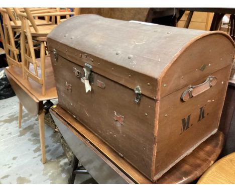 Vintage dome top trunk with interior tray and leather side handles, 90cm wide, 55cm deep, 60cm high
