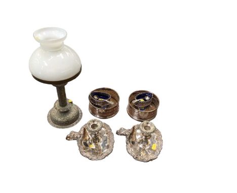 Pair of Regency Old Sheffield Plate chamber sticks with snuffers, pair of antique silver plated decanter coasters, pair of Ge