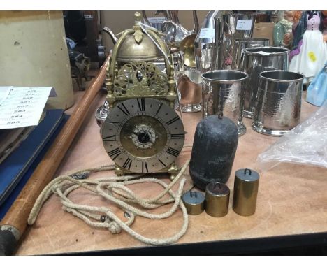 Reproduction small brass lantern clock with alarm function signed William Rose London , striking on bell with bob pendulum an