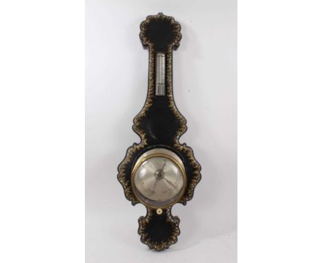 Victorian banjo shaped barometer thermometer in mother of pearl inlaid papier-mâché case. 97cm. APHA Ref: FGM4DUGSProvenance: