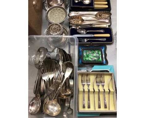 Group of flatware, silver plate and two cloisonné enamel dishes