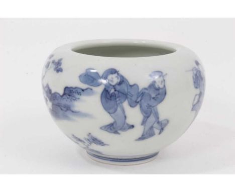 A Chinese blue and white small porcelain bowl, probably early 20th century, painted with figures and landscapes, double ring 