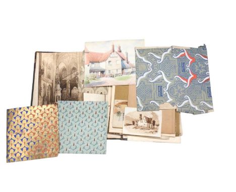 Group of interesting pictures in folios, including Victorian watercolours and wallpaper/textile designs, many pieces signed '
