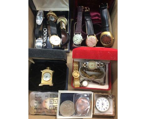 Group of vintage wristwatches, silver cased fob watch and various coins