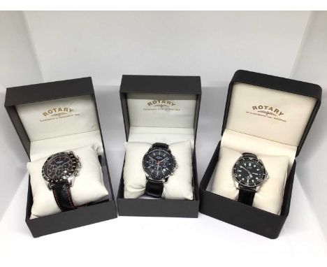 Two Rotary Chronograph wristwatches on black leather straps, both boxed, and a Citizen Promaster diver's watch, in a Rotary b