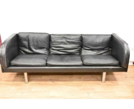 Stylish 1970s black leather and chrome three seater sofa by Jorgen Gammelgaard for Erik Jorgensen, approximately 194cm long. 