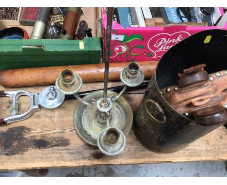 Antique oversized fruitwood rolling pin, shooting stick, bellows, toleware bucket and a brass candlestick