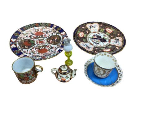 Group of ceramics and glass, including two Derby Imari plates, miniature teapot and coffee can, a Sevres bleu celeste cup and