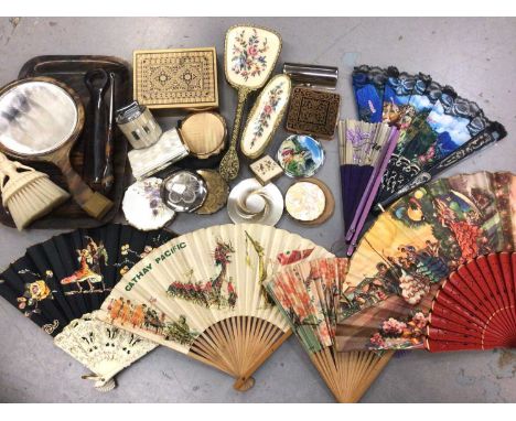 Group of vintage compacts, boxes, various souvenir fans and dressing table items