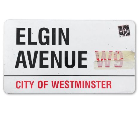 An enamelled iron street sign for Elgin Avenue W9, City of Westminster with iconic black and red sans serif lettering first c