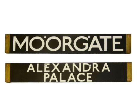 A London Underground Standard Tube Stock enamel cab destination plate for MOORGATE / ALEXANDRA PALACE,with white lettering on