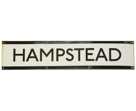 A London Underground enamel station frieze sign for Hampstead,black lettering on white ground with black edging for the North