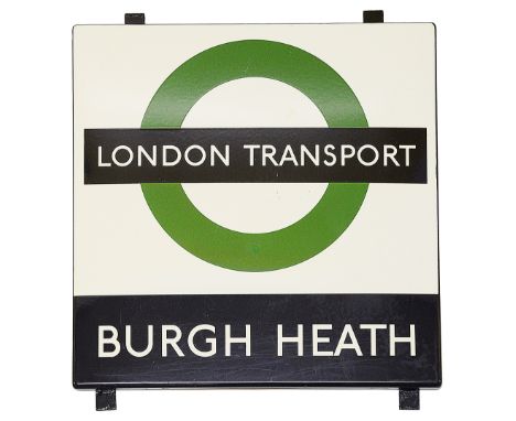 A London Transport enamel Bus stop sign 'BURGH HEATH',1950s/60s, black and green roundel on a white ground for country area t