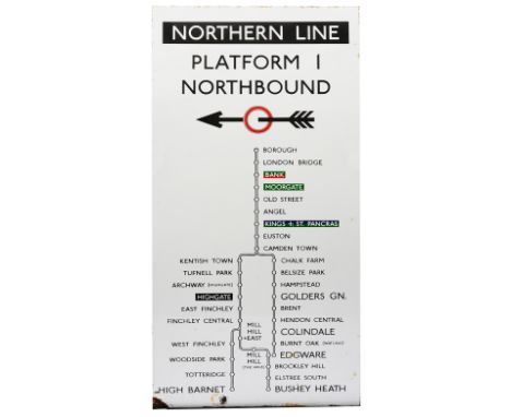 A 1930s London Underground enamel direction sign from Elephant &amp; Castle station displaying 'NORTHERN LINE / PLATFORM 1 / 
