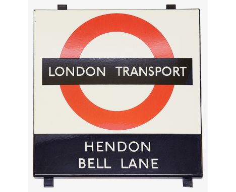 A London Transport enamel Bus stop sign 'HENDON / BELL LANE',1950s/60s, black and red roundel on a white ground with a black 