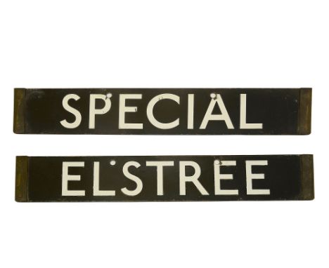 A London Underground Standard Tube Stock enamel cab destination plate for SPECIAL / ELSTREE,with white lettering on a black g