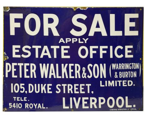 A vintage enamel 'FOR SALE' sign for Peter Walker &amp; Son,address at 105, Duke Street, Liverpool, white lettering on a blue