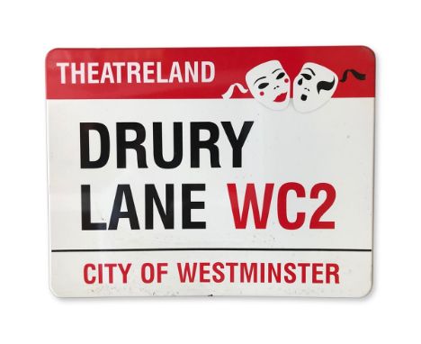 An enamelled iron street sign for Drury Lane WC2 Theatreland , City of Westminster with iconic black and red sans serif lette