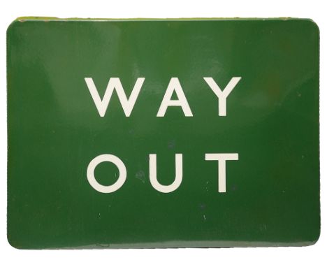 A BR(S) enamel sign displaying 'WAY OUT',with white lettering on green groundheight 45.7cm, width 60.8cmCondition: Restoratio