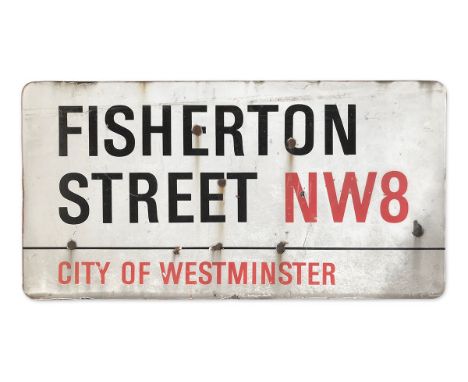 An enamelled iron street sign for Fisherton Street NW8, City of Westminsterwith iconic black and red sans serif lettering fir