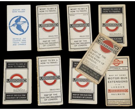 Nine 1910/20s folding pocket maps for London transport,comprising a 1916 General Omnibus Map of some Motor-Bus Extensions, a 