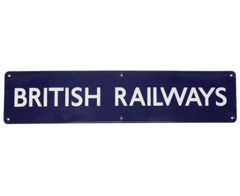 A BR(E) enamel sign for 'BRITISH RAILWAYS,flat sign with white lettering on a blue groundheight 14.6cm, width 64.7cmCondition