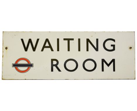 A London Transport double sided enamel sign displaying 'WAITING ROOM',c. 1940s, black lettering on white ground and blank rou