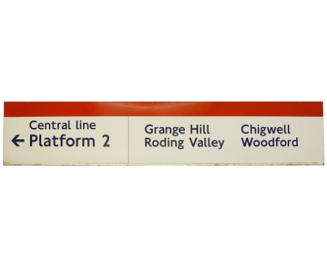 A London Underground enamel direction sign for the Central line,displaying 'Platform 2' with arrow facing left, the stations 